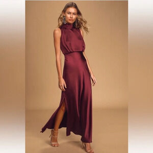 Lulu’s Classic Elegance Wine Satin Maxi Dress